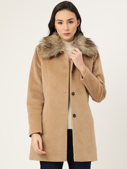 

Okane Beige Solid Faux Fur Trimmed Longline Velvet Finish Single-Breasted Overcoat