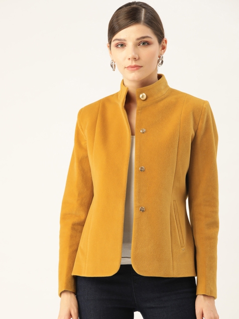 

Okane Women Mustard Yellow Solid Overcoat with Velvet Finishing