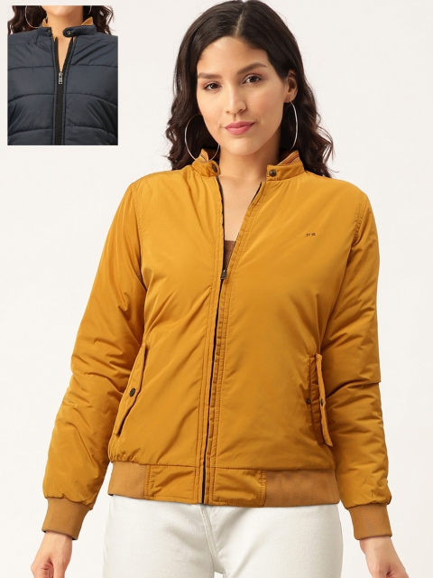 

Okane Women Mustard Yellow & Navy Blue Solid Reversible Bomber Jacket