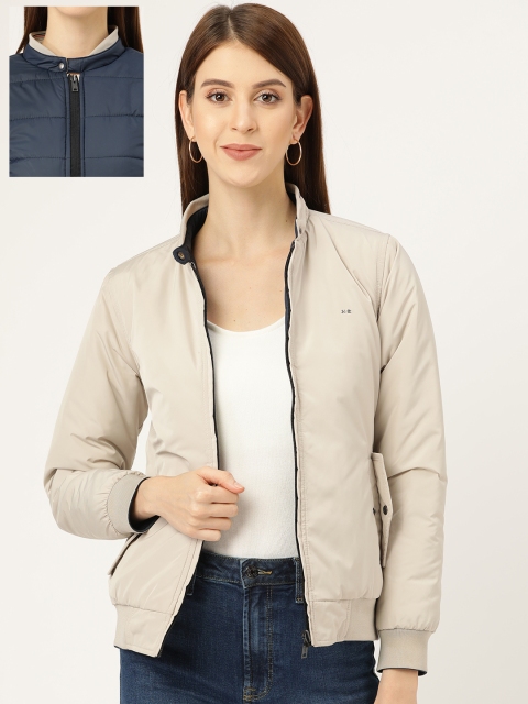 

Okane Women Beige & Navy Blue Solid Reversible Bomber Jacket