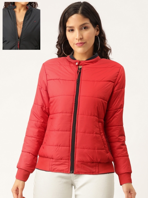 

Okane Women Red & Navy Blue Solid Reversible Bomber Jacket