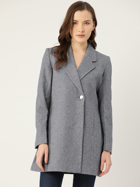 

DOROTHY PERKINS Women Blue & Grey Herringbone Pattern Hip Length Overcoat