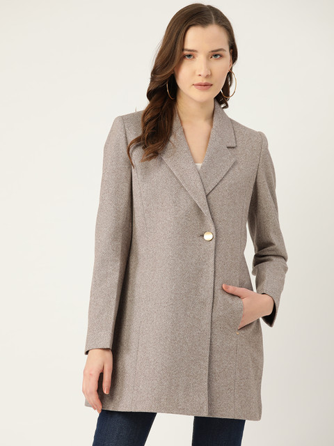 

DOROTHY PERKINS Women Grey & Brown Herringbone Pattern Hip Length Overcoat