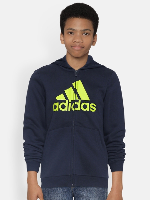 

ADIDAS Boys Navy Blue Brand Logo Print Must Haves Fleece Full Zip Hoddie Sweatshirt