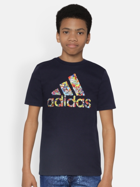 

ADIDAS Boys Navy Blue Cleofus Art Brand Logo Print T-shirt