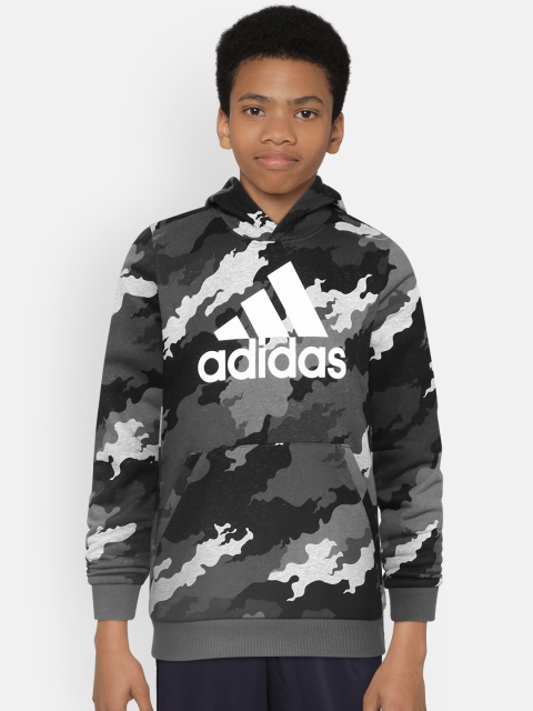 

ADIDAS Boys Grey Camouflage Print Must Haves 3-Stripes Badge of Sport Fitness Hoodie