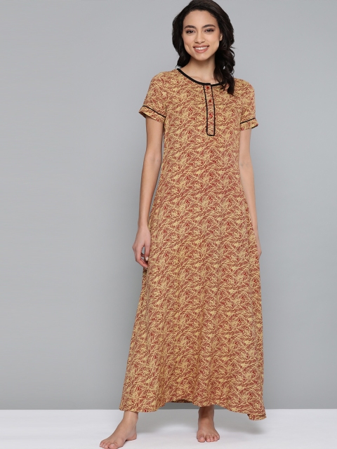 

HERE&NOW Beige & Maroon Printed Maxi Nightdress