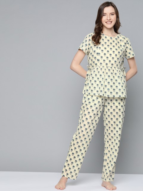 

HERE&NOW Women Cream-Coloured & Black Floral Print Pure Cotton Night suit