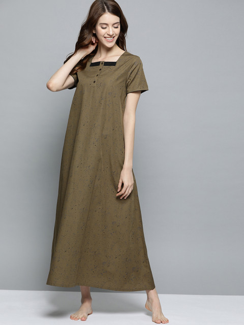 

HERE&NOW Olive Green & Black Printed Nightdress