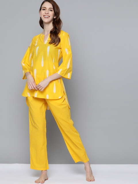 

HERE&NOW Women Yellow & White Printed Pure Cotton Night suit