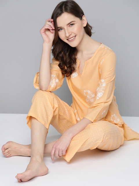 

HERE&NOW Women Yellow & White Printed Pure Cotton Night suit