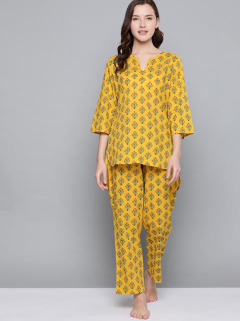 

HERE&NOW Women Yellow & Green Ethnic Printed Night suit