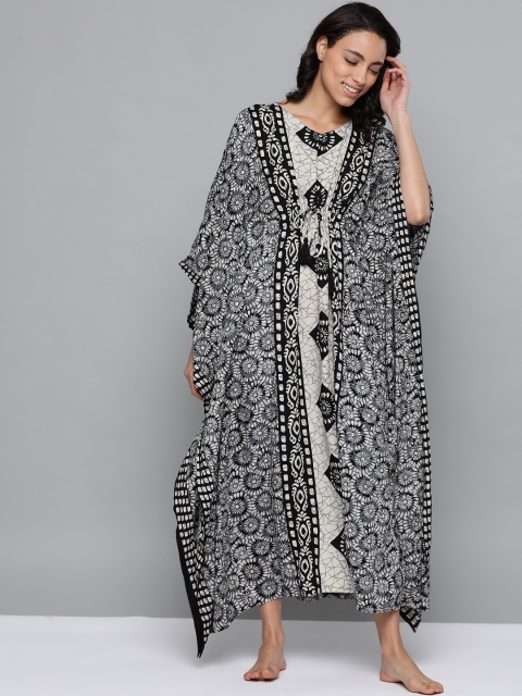 

HERE&NOW Off-White & Grey Floral Print Kaftan Nightdress
