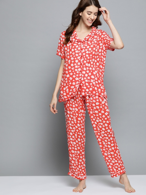 

HERE&NOW Women Coral Red & Off-White Floral Print Night Suit
