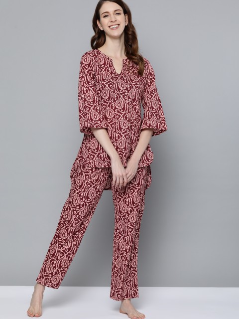 

HERE&NOW Women Maroon & Peach-Coloured Ethnic Motifs Print Pure Cotton Night suit
