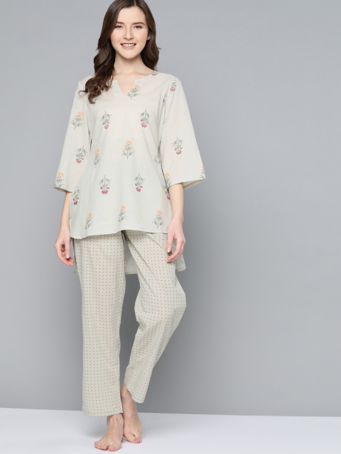 

HERE&NOW Women Green & Maroon Printed Pure Cotton Night suit