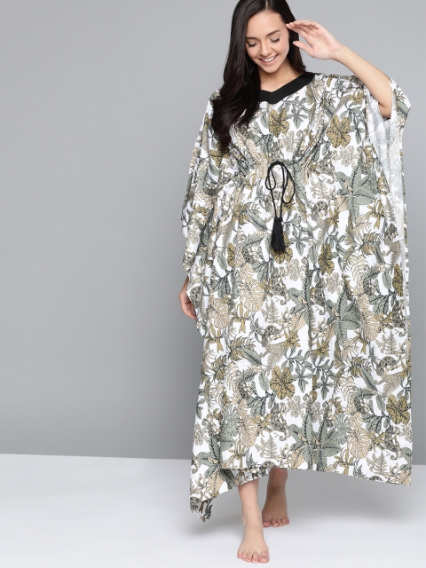 

HERE&NOW Off-White & Olive Green Printed Kaftan Nightdress