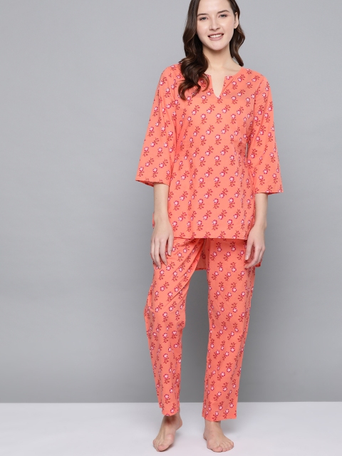 

HERE&NOW Women Peach-Coloured & Pink Floral Printed Night suit