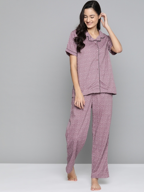 

HERE&NOW Women Purple & White Printed Night suit