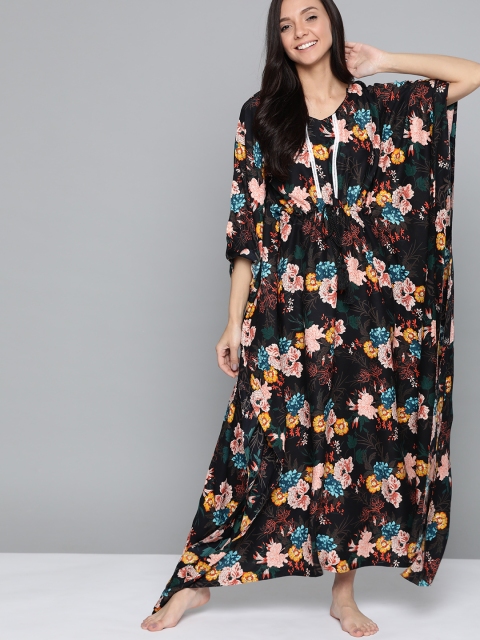 

HERE&NOW Black & Peach-Coloured Floral Print Kaftan Nightdress