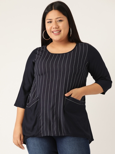 

Revolution Women Plus Size Navy Blue & White Striped High-Low Top