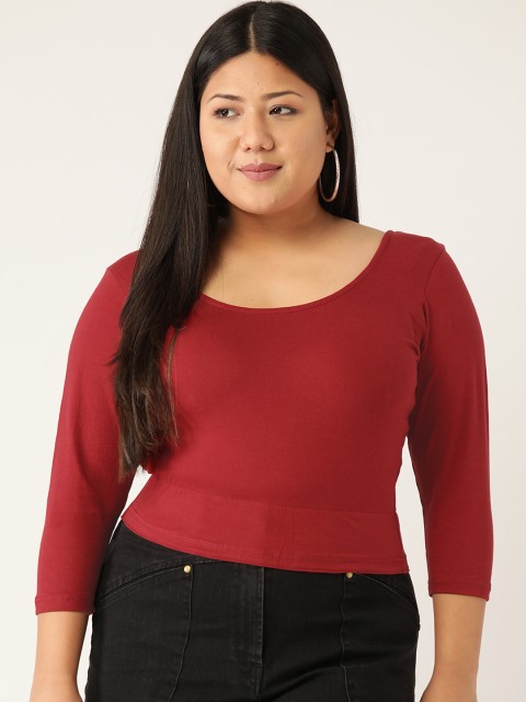 

Revolution Women Plus Size Maroon Solid Crop Fitted Top