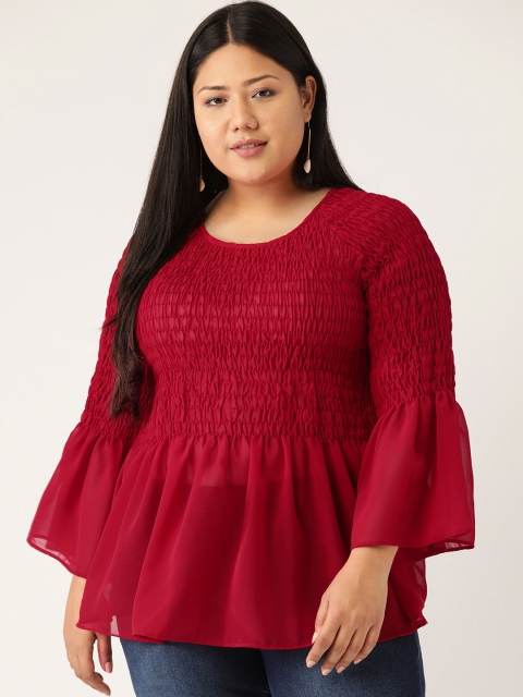 

Revolution Women Maroon Plus Size Smocked Sheer Peplum Top