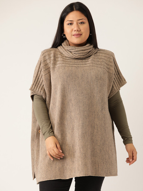 

Revolution Women Acrylic Plus Size Beige Solid Longline Poncho Sweater