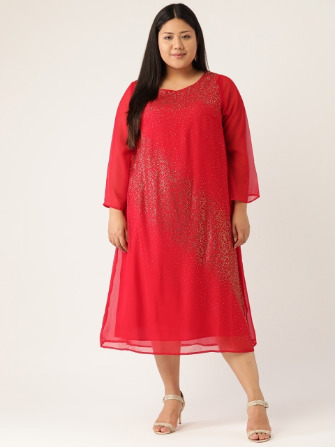 

Revolution Women Plus Size Red & Golden Embellished Midi A-Line Dress