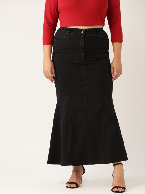 

Revolution Plus Size Women Black Solid Denim Flared A-Line Maxi Skirt