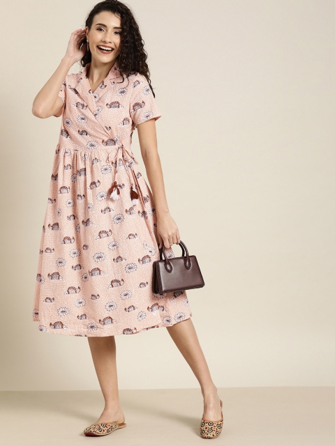 

Taavi Women White & Grey Madhubani Hand Block Printed Sustainable Fit and Flare Dress with Tie- Up, Beige