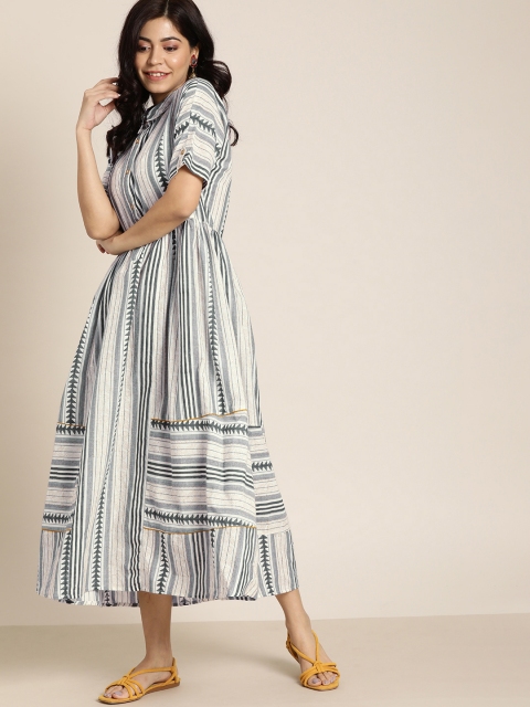 

Taavi Women White & Grey Madhubani Hand Block Striped Fit and Flare Dress with Gathers