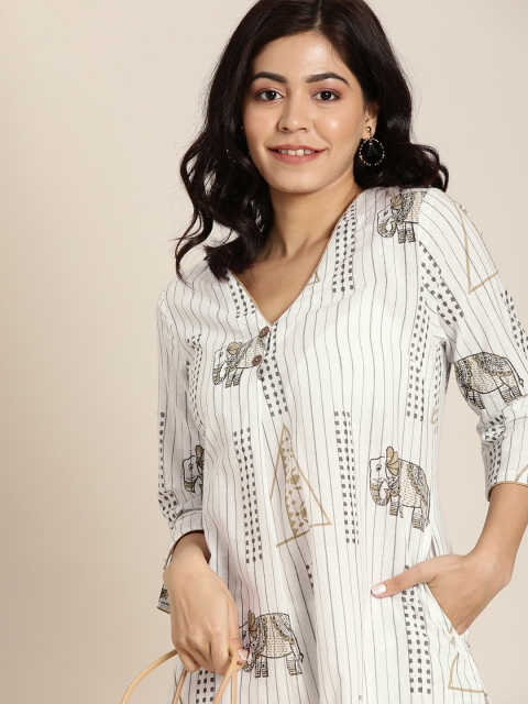 

Taavi Women White & Grey Madhubani Hand Block Printed Straight Kurta with Pockets