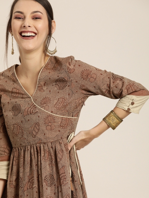 

Taavi Women Brown Madhubani Hand Block Printed Kaftan Kurta with Waist Tie-Up