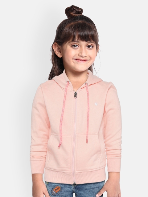 

White Snow Girls Peach-Coloured Solid Hooded Sweatshirt