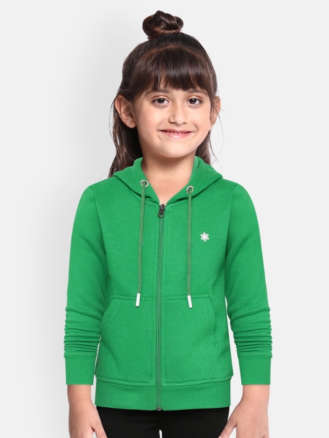 

White Snow Girls Green Solid Hooded Sweatshirt