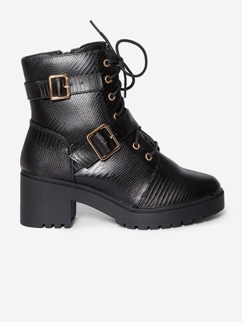 

DOROTHY PERKINS Women Black Snakeskin Textured Mid-Top Heeled Boots