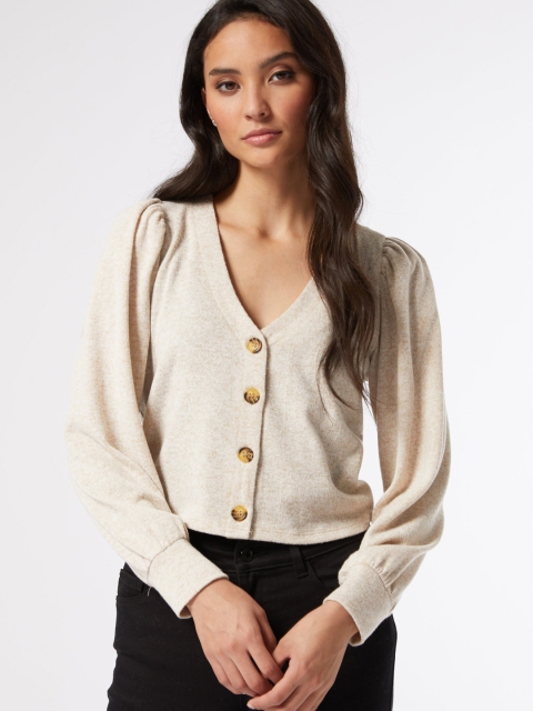 

DOROTHY PERKINS Women Beige Solid Crop Petite Fit Cardigan Sweater