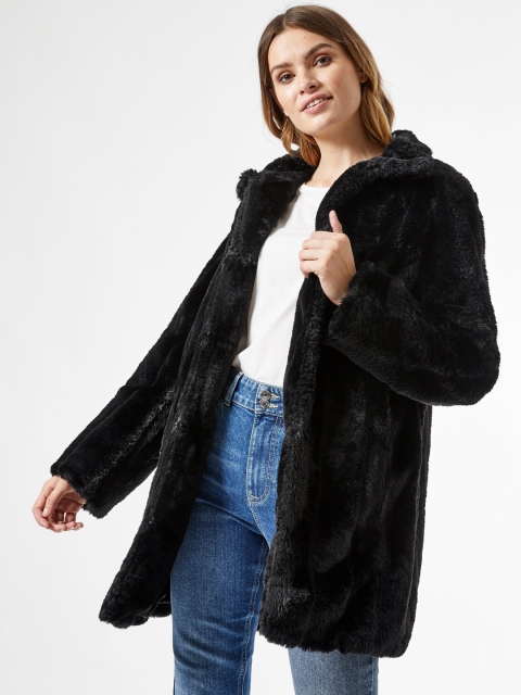 

DOROTHY PERKINS Women Black Solid Faux Fur Longline Overcoat