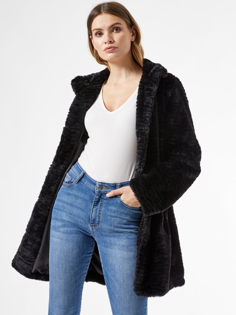 

DOROTHY PERKINS Women Black Solid Faux Fur Longline Overcoat