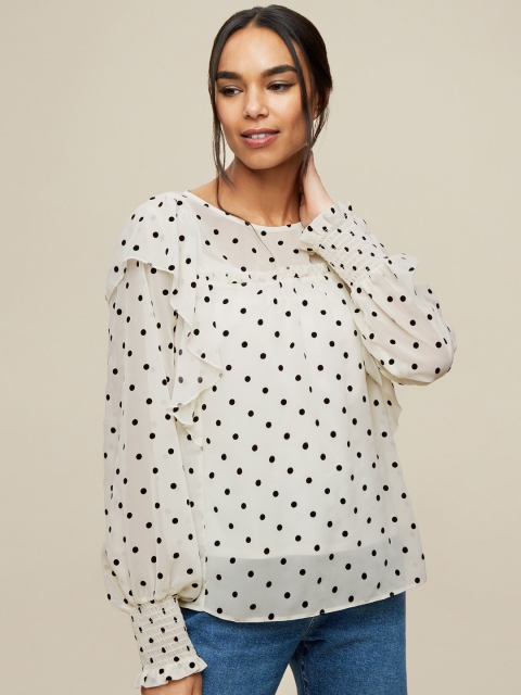 

DOROTHY PERKINS Women Off-White & Black Polka-Dot Printed Top