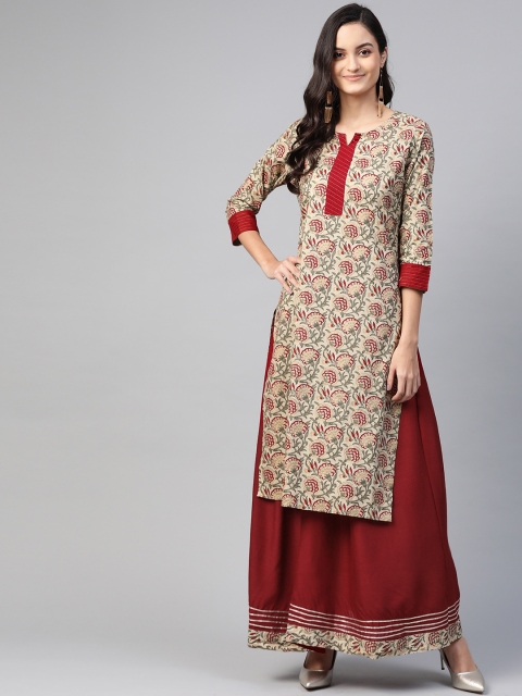 

Anubhutee Women Beige & Maroon Printed Kurta with Skirt