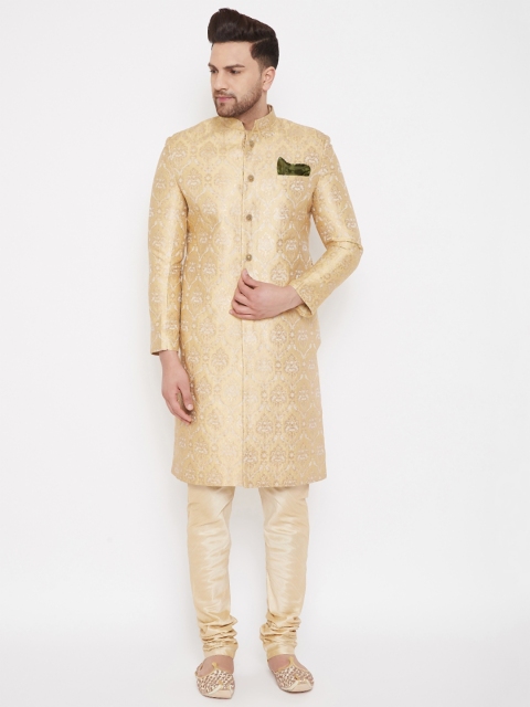 

VASTRAMAY Men Golden Brocade Slim Fit Sherwani Set, Gold