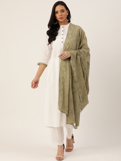 

Shae by SASSAFRAS Women White & Olive Green Solid Kurta with Trousers & Dupatta