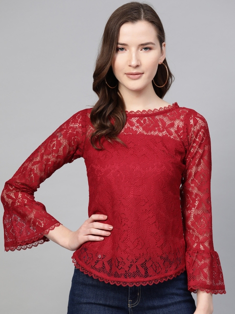 

SIRIKIT Women Maroon Semi-Sheer Lace Top