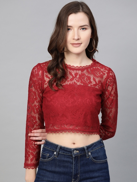 

SIRIKIT Women Maroon Self Design Crop Top