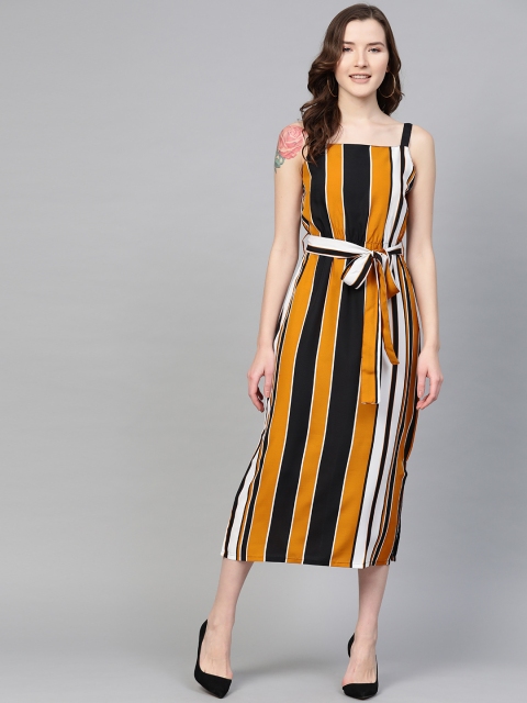 

SIRIKIT Women Mustard Yellow & Black Striped A-Line Dress