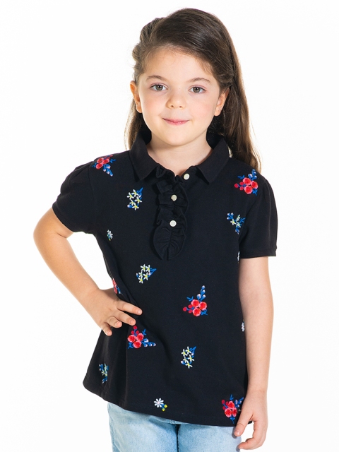 

Cherry Crumble Girls Black Floral Embroidered Polo Collar T-shirt