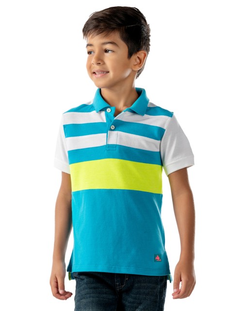 

Cherry Crumble Kids Blue & Green Striped Polo Collar T-shirt