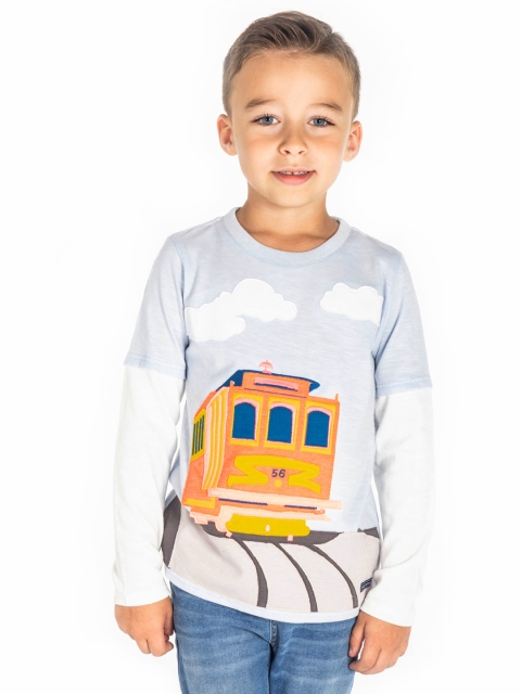 

Cherry Crumble Kids Blue & Yellow Tram Printed Round Neck T-shirt